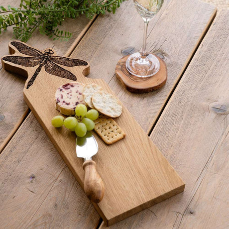 Selbrae House Oak Serving Board with Dragonfly Design, Cheese and Crackers Arrangement