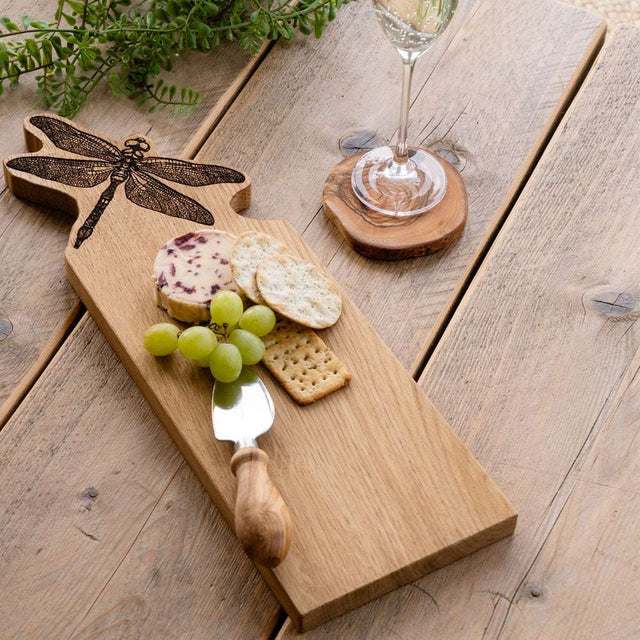 Selbrae House Oak Serving Board with Dragonfly Design, Cheese and Crackers Arrangement
