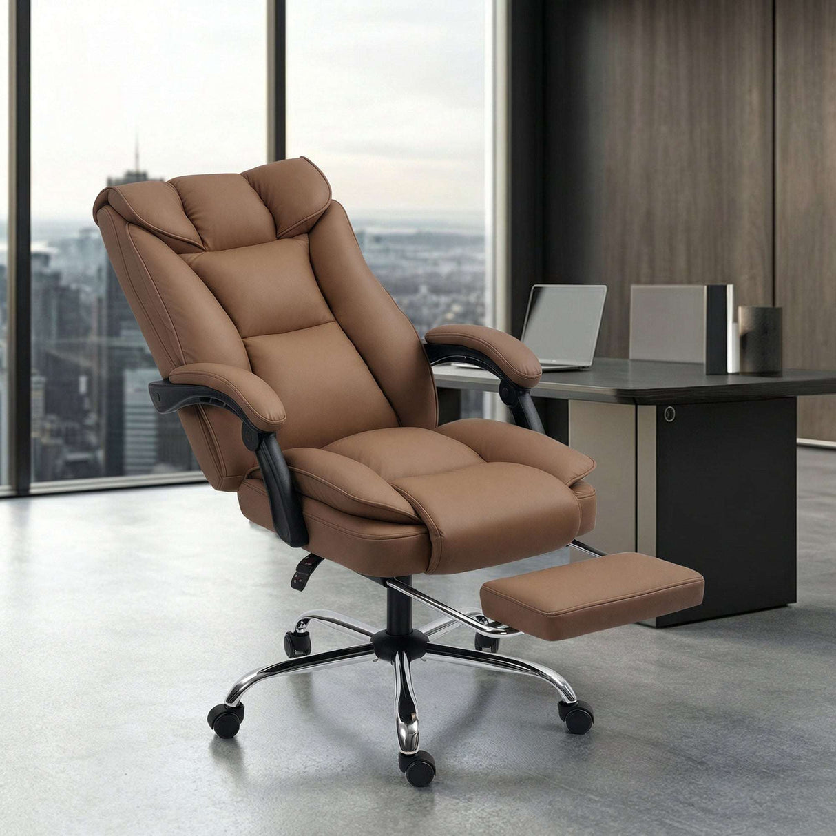 Wise Galleria Office Chair in brown with lumbar support and adjustable footrest for comfortable seating