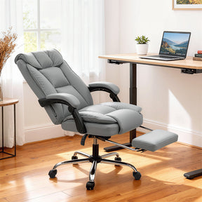 Comfortable grey office chair with adjustable footrest and ergonomic design for home offices