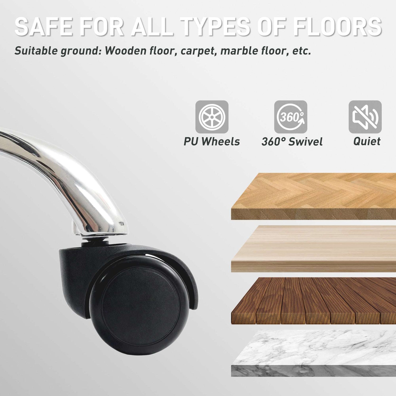 PU wheels of an Office Chair for safe use on wooden, carpet, and marble floors with 360-degree swivel