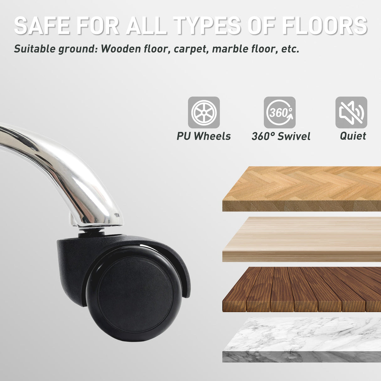 PU wheels of an Office Chair for safe use on wooden, carpet, and marble floors with 360-degree swivel