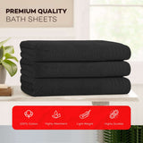 Premium quality black OLIVIA ROCCO bath sheets stacked on a wooden table with durability features