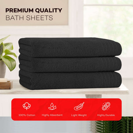 Premium quality black OLIVIA ROCCO bath sheets stacked on a wooden table with durability features