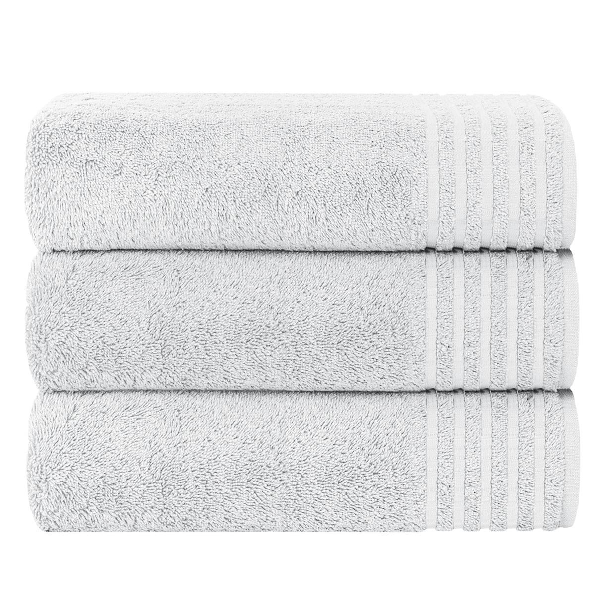 Three soft grey OLIVIA ROCCO bath sheets stacked neatly for luxury bathroom comfort
