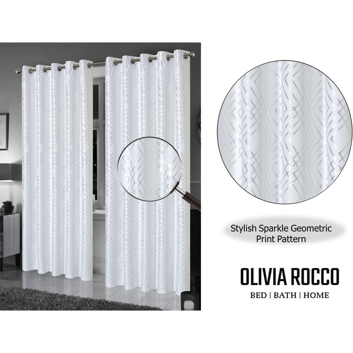 OLIVIA ROCCO Blackout Curtains in White with Stylish Sparkle Geometric Print Pattern