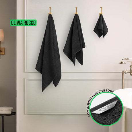 OLIVIA ROCCO Cotton Towels Set in grey with hanging loops for easy drying and storage