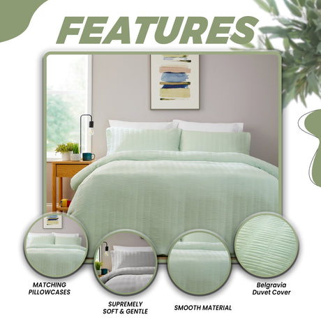 Belgravia Duvet Cover Set in soft green with matching pillowcases and smooth material for a calming bedroom look