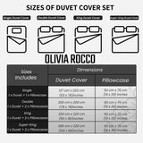 Olivia Rocco Duvet Cover Set Size Chart with dimensions for single, double, king, and super-king options