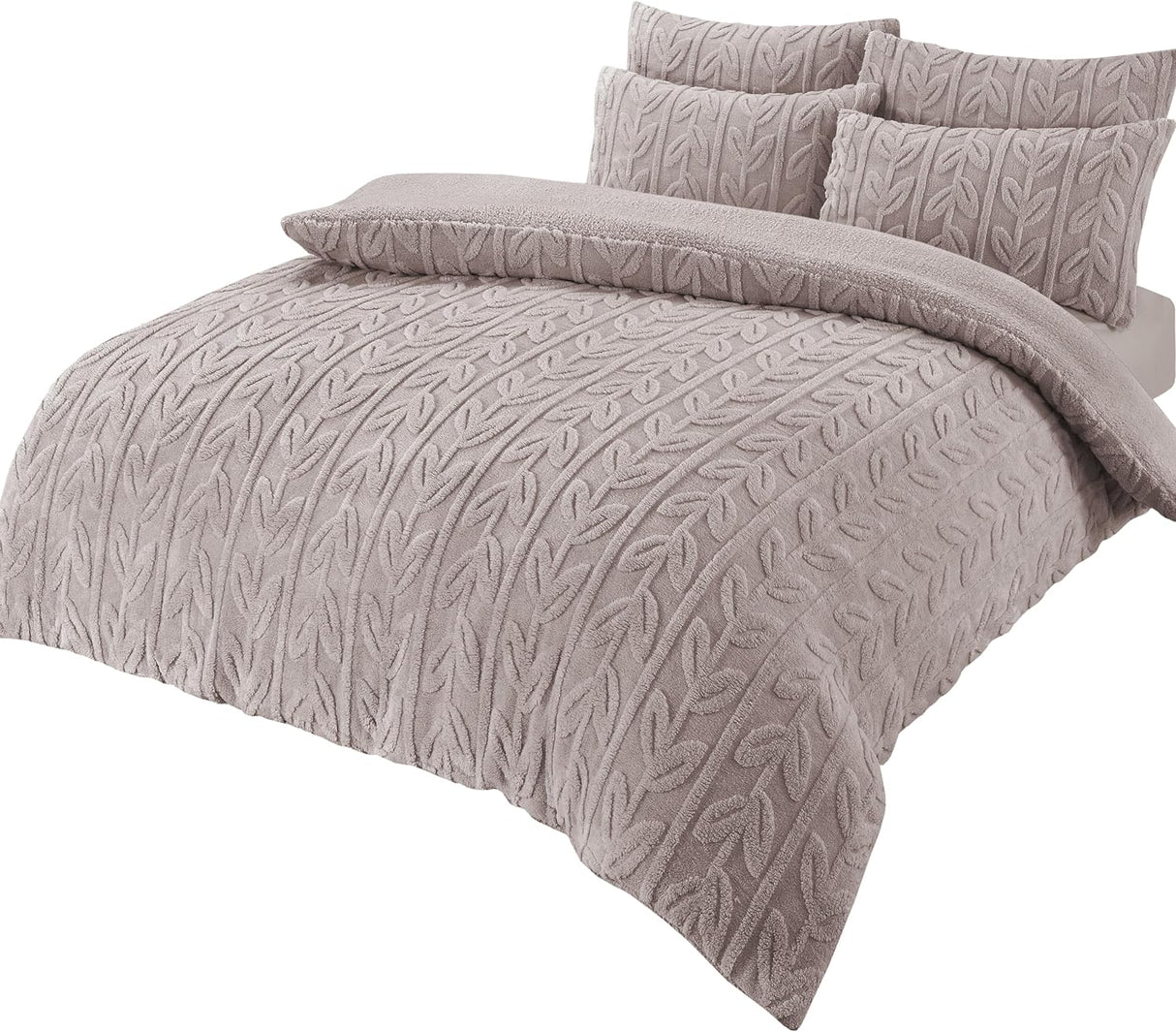 Leaf Print Teddy Fleece Duvet Set Ultra-Soft Winter Bedding