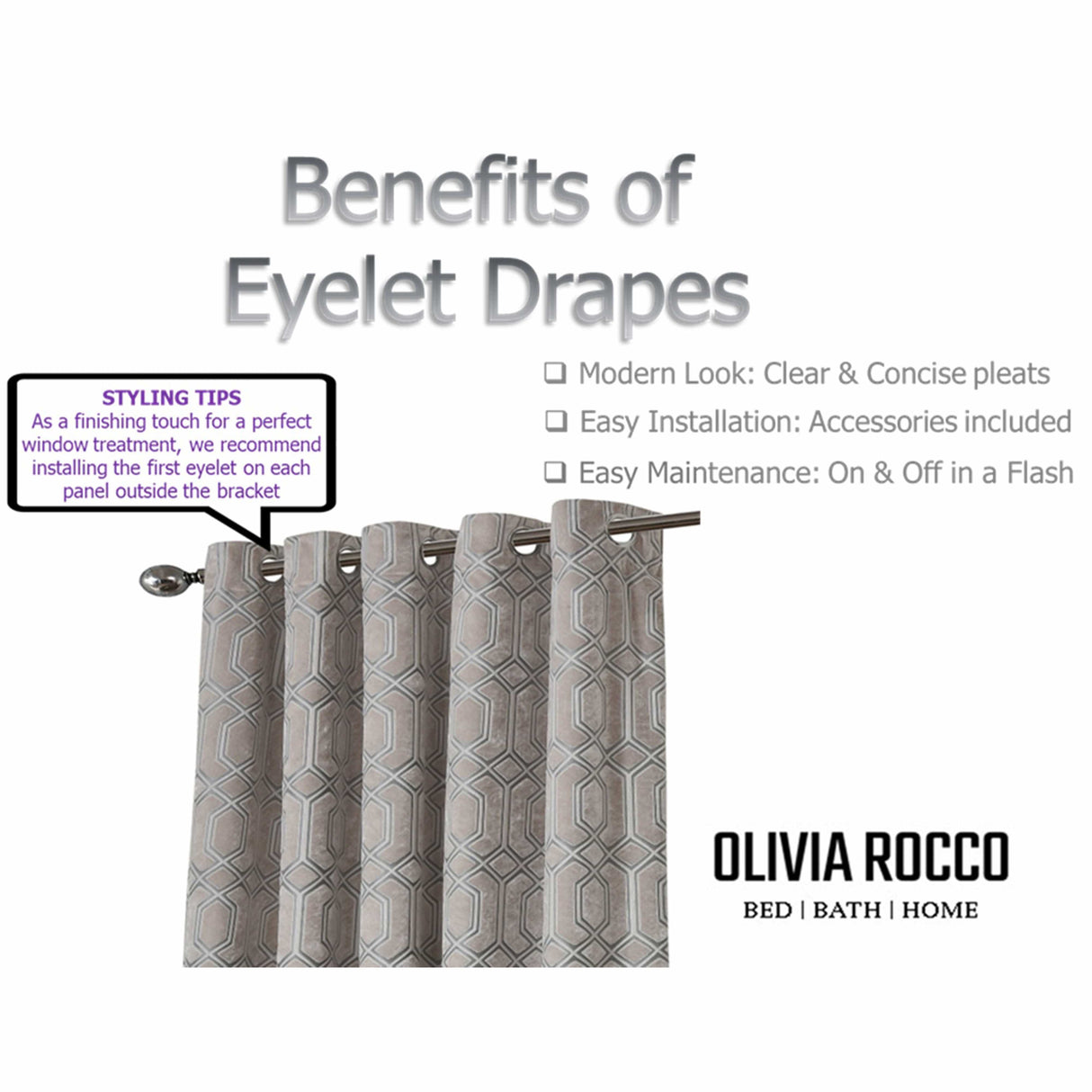 OLIVIA ROCCO Eyelet Curtains in a modern design with clear pleats and included accessories for easy installation