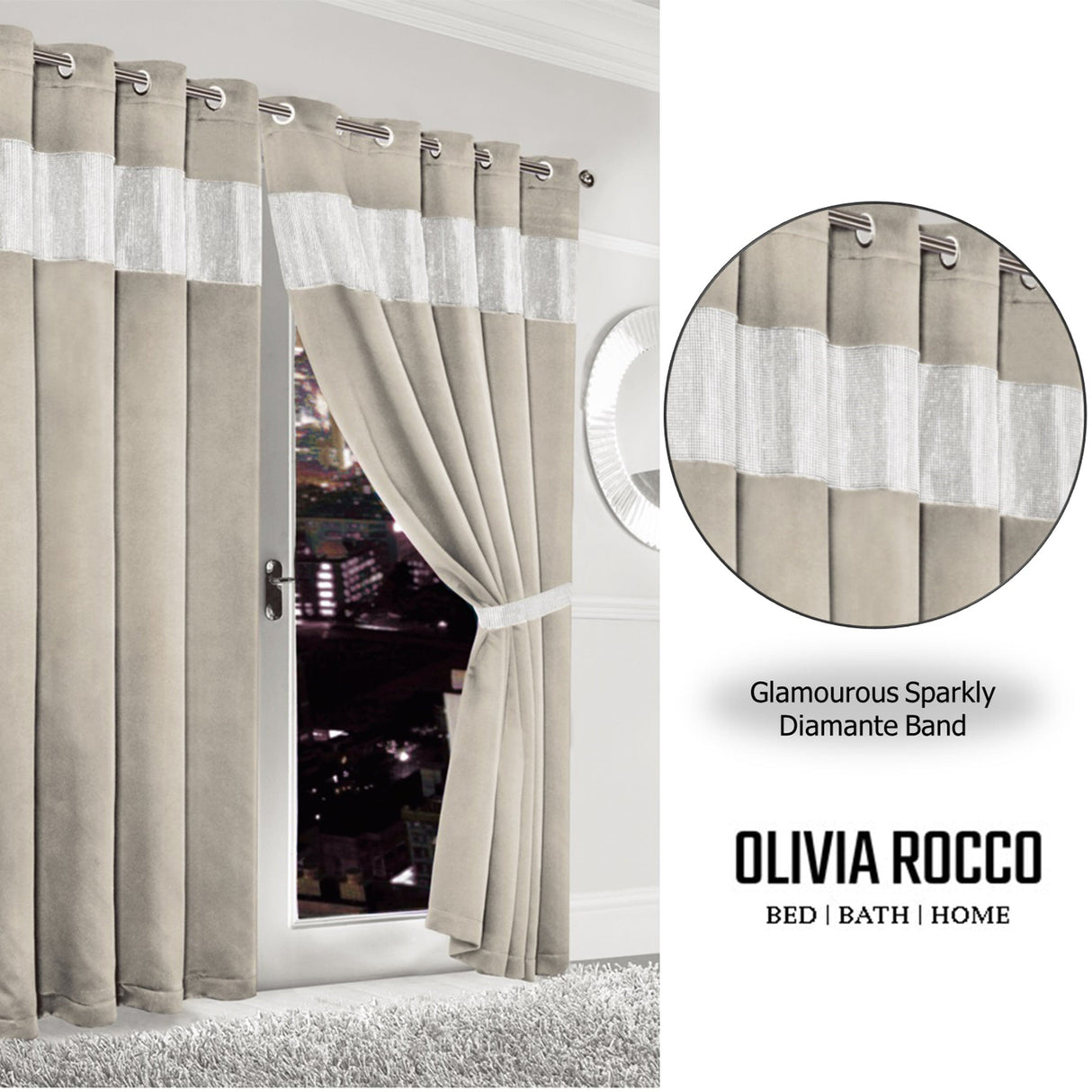 OLIVIA ROCCO Eyelet Curtains in beige with sparkly diamante band for a glamorous look