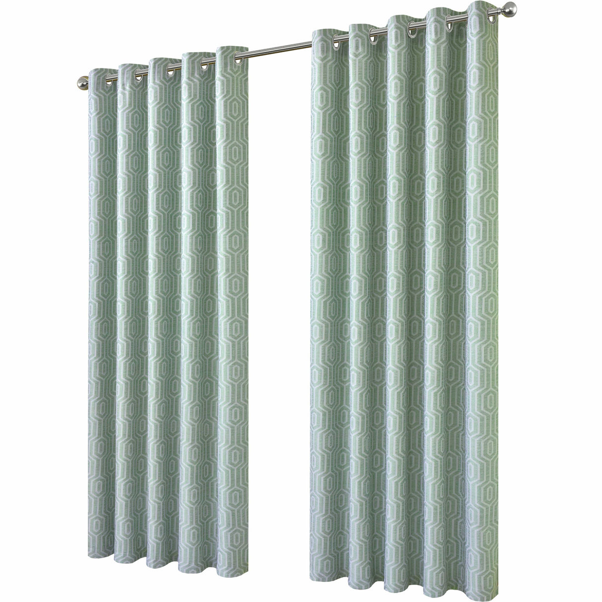 Olivia Rocco Jacquard Curtains in green geometric design, perfect for modern decor.