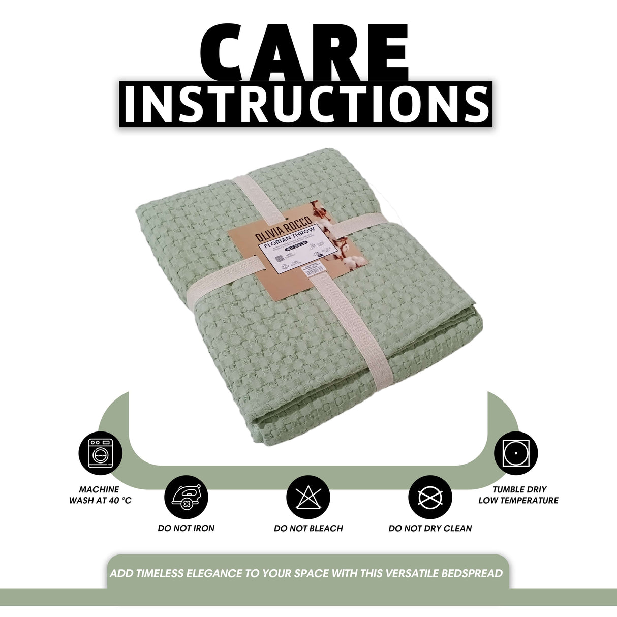 OLIVIA ROCCO Throw Blanket in soft green with care instructions and elegant texture for versatile use