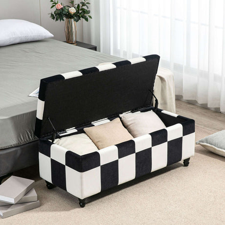 Wise Galleria Ottoman with Storage in Black and White Checkerboard Design for Modern Interiors