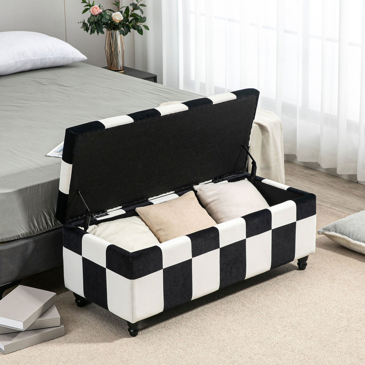 Wise Galleria Ottoman with Storage in Black and White Checkerboard Design for Modern Interiors