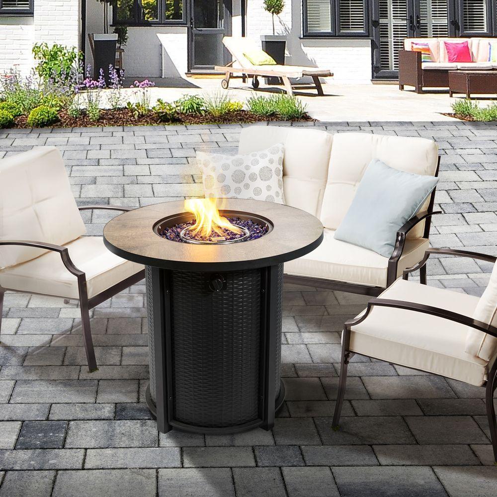 Outdoor Garden Round Gas Fire Pit Table Heater, Lava Rocks & Cover Teamson Home