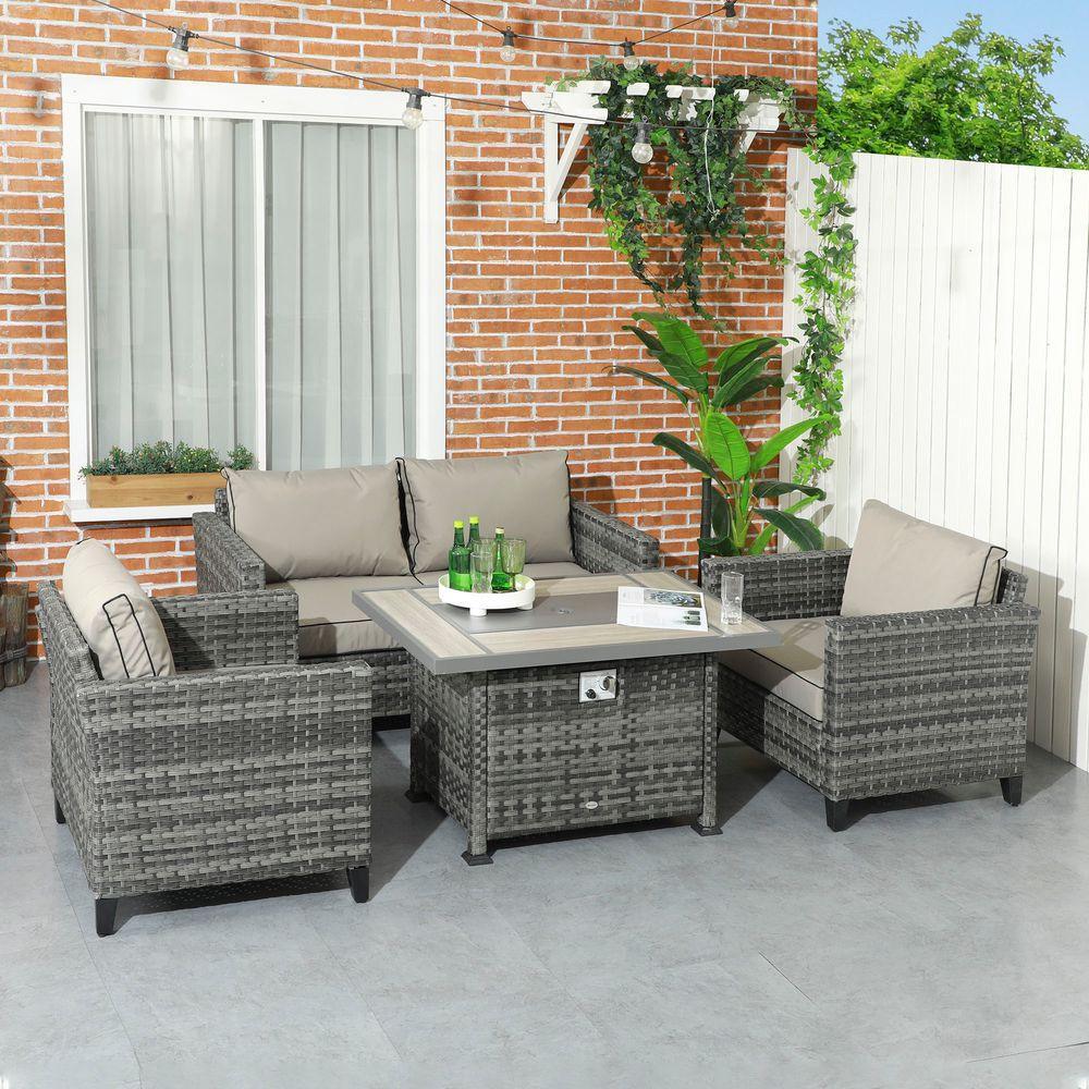 Outsunny 5 PCs Rattan Garden Furniture Set with Gas Fire Pit Table - Shades 4 Seasons