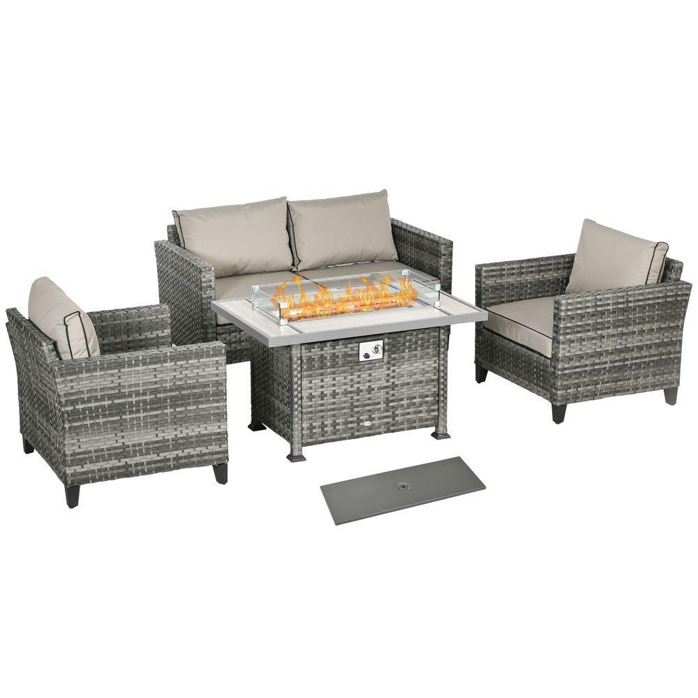 Outsunny 5 PCs Rattan Garden Furniture Set with Gas Fire Pit Table Outsunny