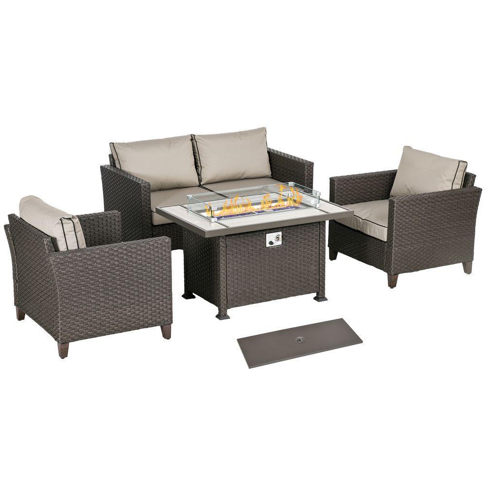 Outsunny 5 PCs Rattan Garden Furniture Set with Gas Fire Pit Table Dark brown Outsunny