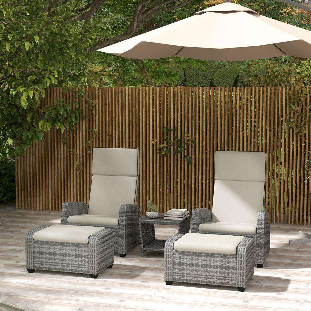 Outsunny 5 PCs Rattan Garden Furniture Set with Reclining Chairs, Table, Grey - Shades 4 Seasons