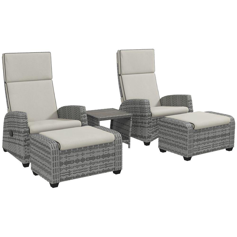 Outsunny 5 PCs Rattan Garden Furniture Set with Reclining Chairs, Table, Grey - Shades 4 Seasons