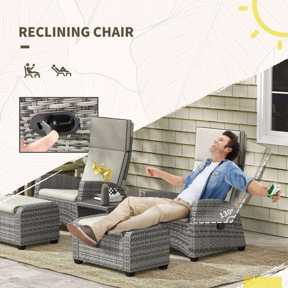 Outsunny 5 PCs Rattan Garden Furniture Set with Reclining Chairs, Table, Grey Outsunny