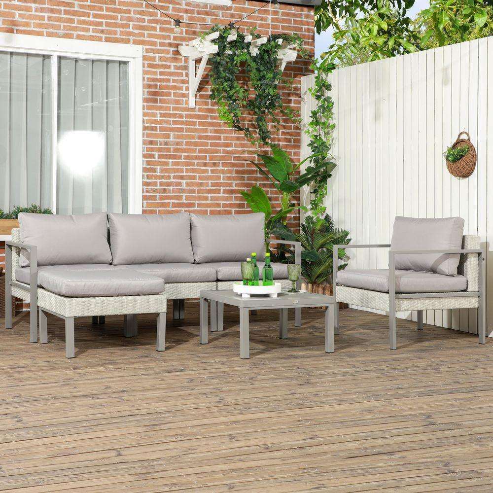 Outsunny 6 PCs Rattan Garden Furniture Set with Table, Cushion, Light Grey Outsunny