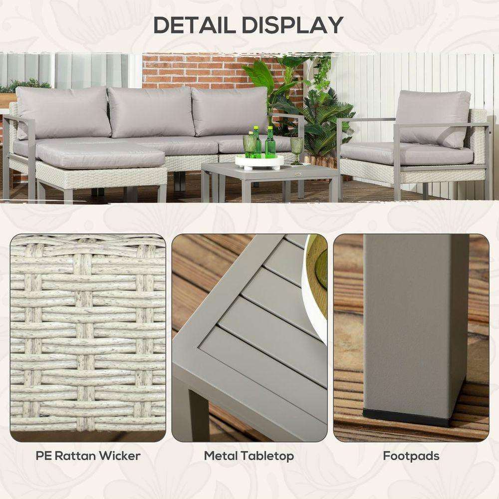 Outsunny 6 PCs Rattan Garden Furniture Set with Table, Cushion, Light Grey Outsunny