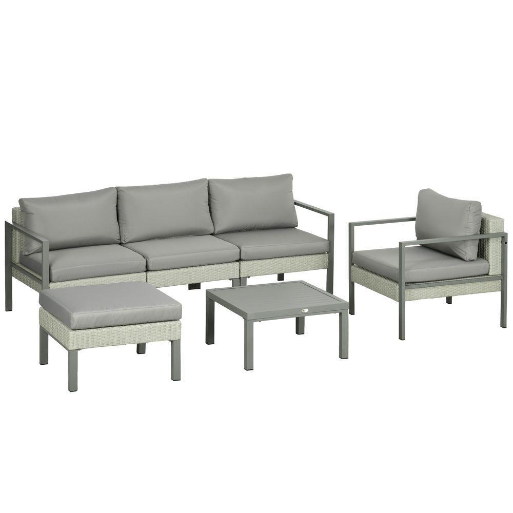 Outsunny 6 PCs Rattan Garden Furniture Set with Table, Cushion, Light Grey Light Grey Outsunny