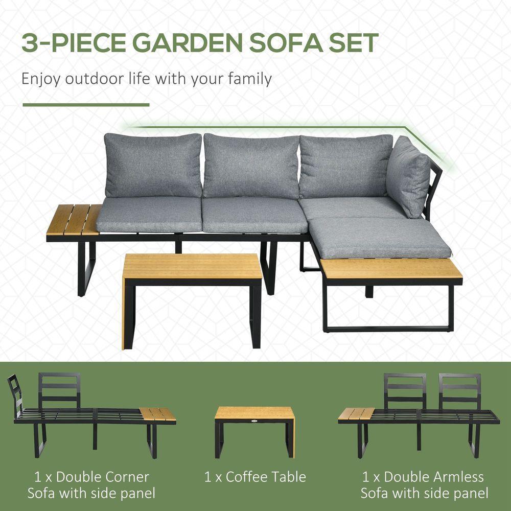 Outsunny 3PCs Patio Furniture Set w/ Cushions, Wood Grain Plastic Top Table Outsunny