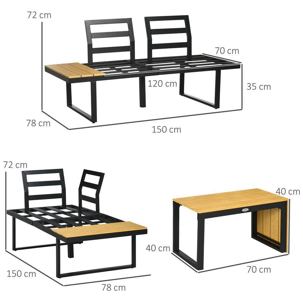 Outsunny 3PCs Patio Furniture Set w/ Cushions, Wood Grain Plastic Top Table Outsunny