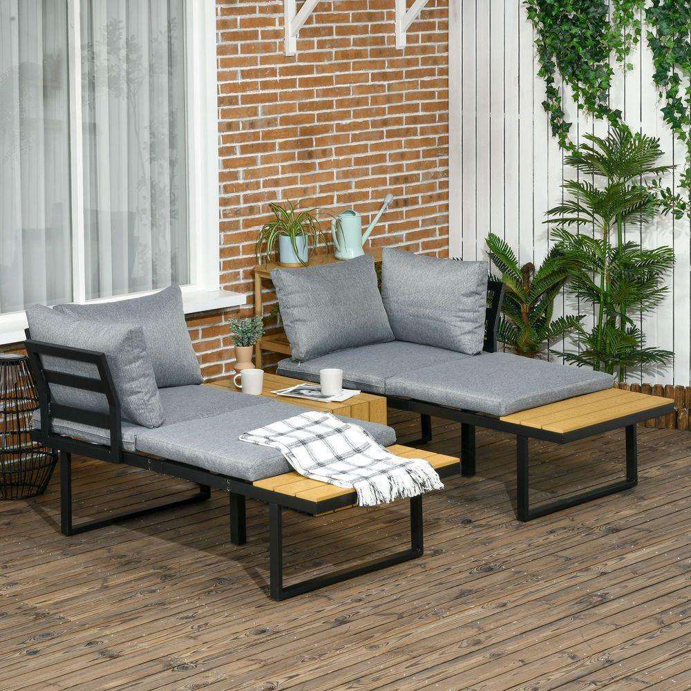 Outsunny 3PCs Patio Furniture Set w/ Cushions, Wood Grain Plastic Top Table Outsunny