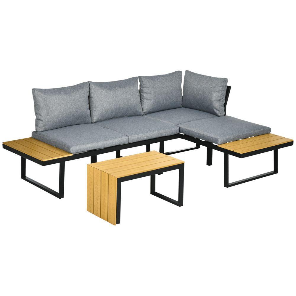 Outsunny 3PCs Patio Furniture Set w/ Cushions, Wood Grain Plastic Top Table Outsunny