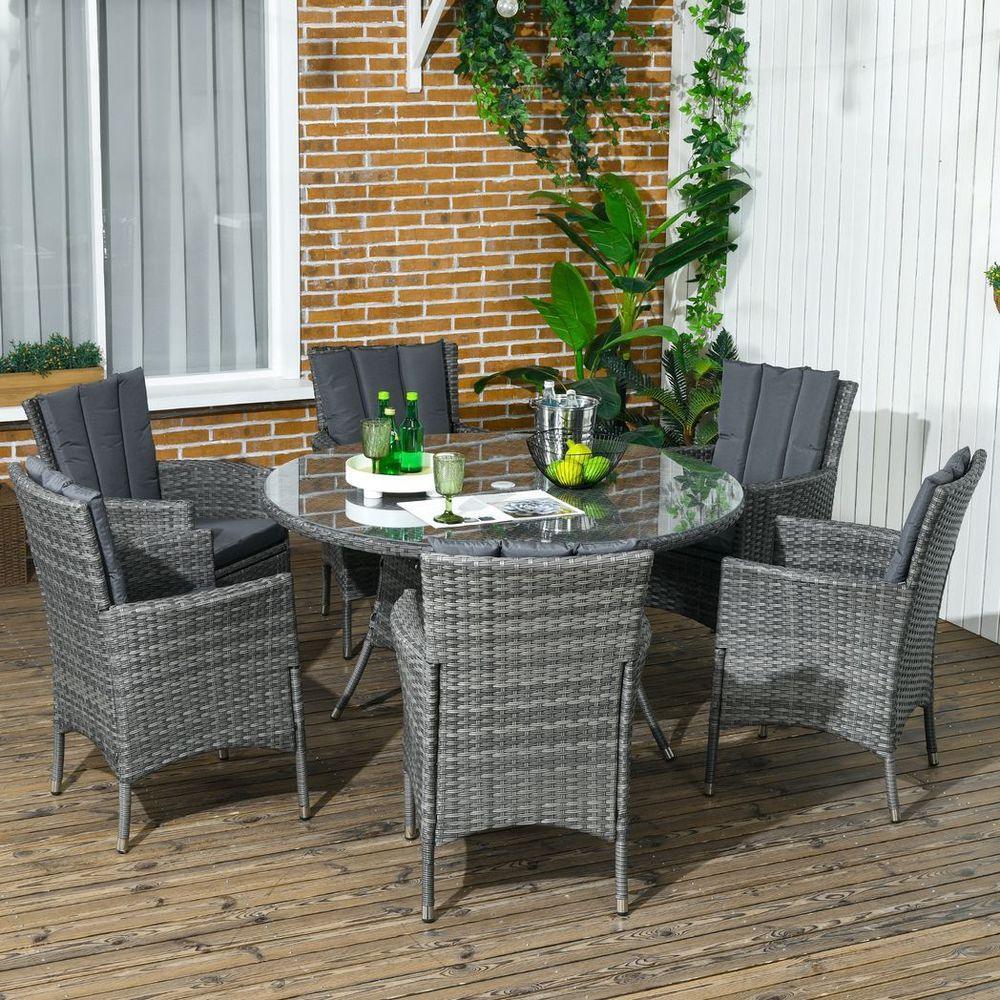 Outsunny 6 Seater Rattan Garden Furniture Set w/ Glass Tabletop, Mixed Grey - Shades 4 Seasons