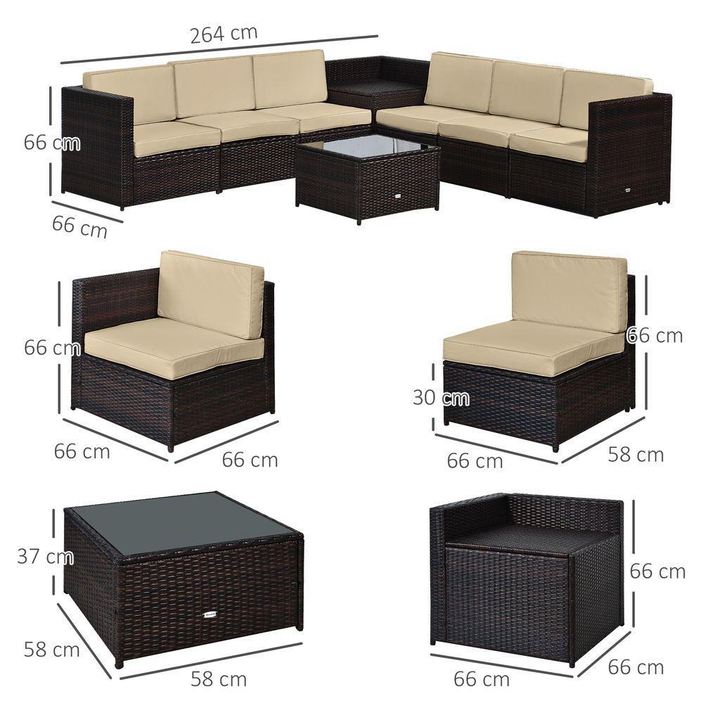 Outsunny 6-Seater Rattan Sofa Furniture Set W/Cushions, Steel Frame-Brown Outsunny