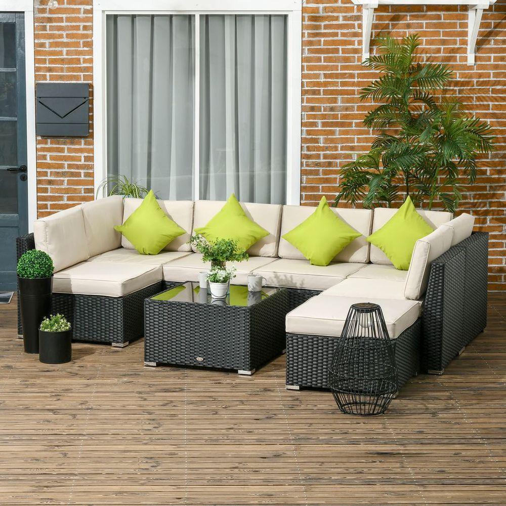 Outsunny 8 Pieces Patio Rattan Sofa Set Garden Furniture Set for Outdoor Black - Shades 4 Seasons