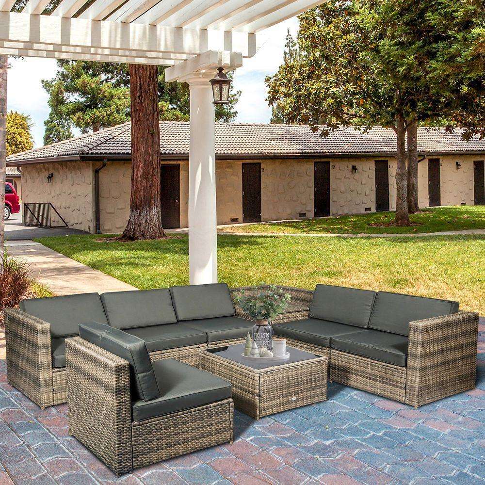 Outsunny 8Pcs Patio Rattan Sofa Set Garden Furniture Side Table w/ Cushion - Shades 4 Seasons