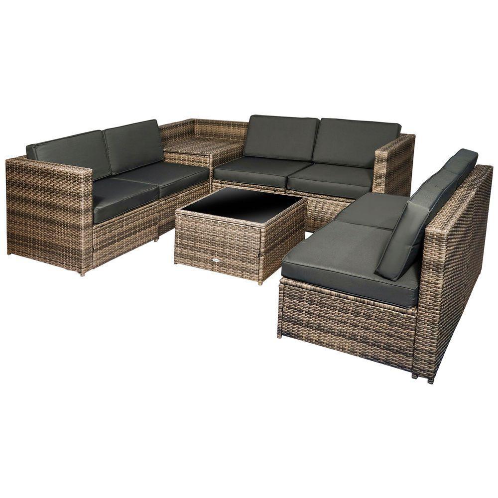 Outsunny 8Pcs Patio Rattan Sofa Set Garden Furniture Side Table w/ Cushion - Shades 4 Seasons