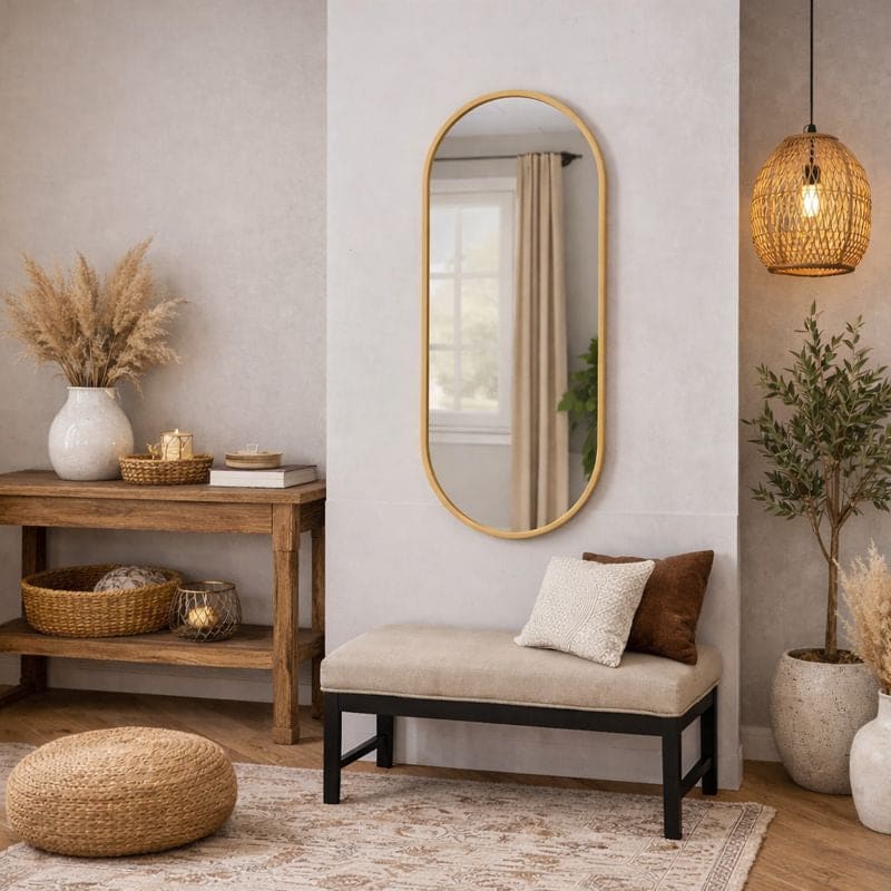 Jobu Home oval mirror in a stylish living room setting above a bench