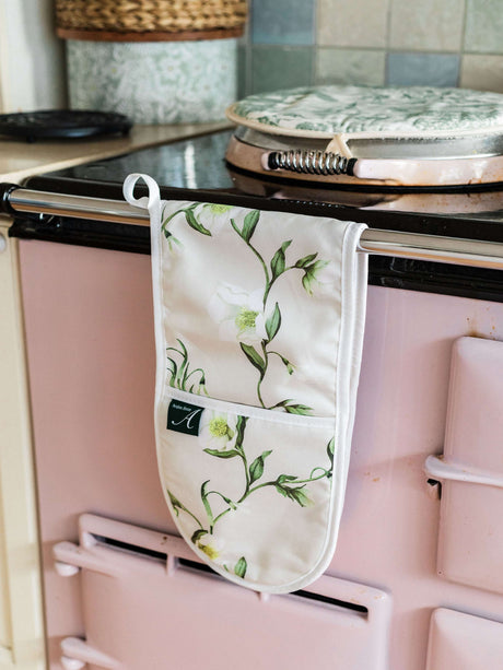 Avalon Home UK Floral Oven Glove Hanging on a Vintage Stove for Safe Baking
