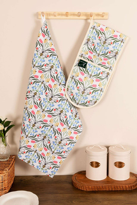 Stylish Avalon Home UK Oven Gloves with Colourful Floral Pattern Hanging in Kitchen