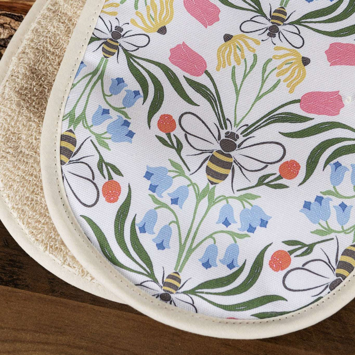 Printable floral oven gloves featuring bees and bluebells, perfect for kitchen use