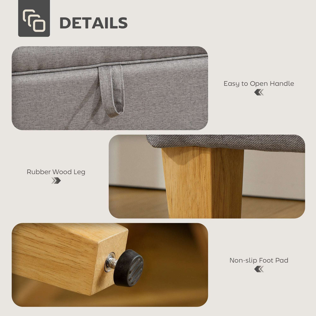 Wise Galleria Padded Footstool with easy to open handle and rubber wood legs for stability