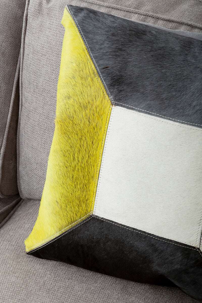 Orsina Patchwork Cushion with Textured Fur Design in Grey and Yellow for Stylish Home Decor