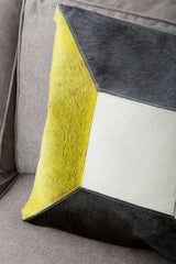 Orsina Patchwork Cushion with Textured Fur Design in Grey and Yellow for Stylish Home Decor