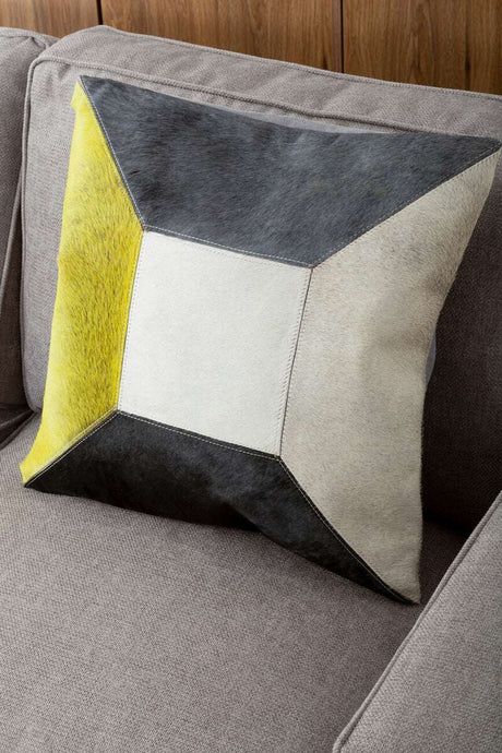 Orsina Patchwork Cushion with a vibrant geometric design in grey, yellow and beige for modern interiors