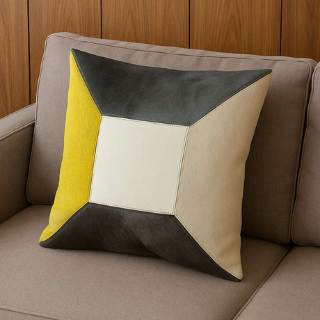 Orsina Patchwork Cushion in yellow, grey, and cream, perfect for adding colour to your living space