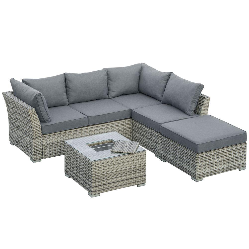 Patio PE Rattan Sofa Sectional Conversation Furniture Set w/ Ice Bucket - Shades 4 Seasons