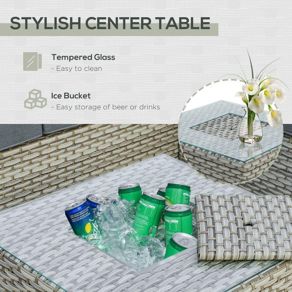 Patio PE Rattan Sofa Sectional Conversation Furniture Set w/ Ice Bucket Outsunny